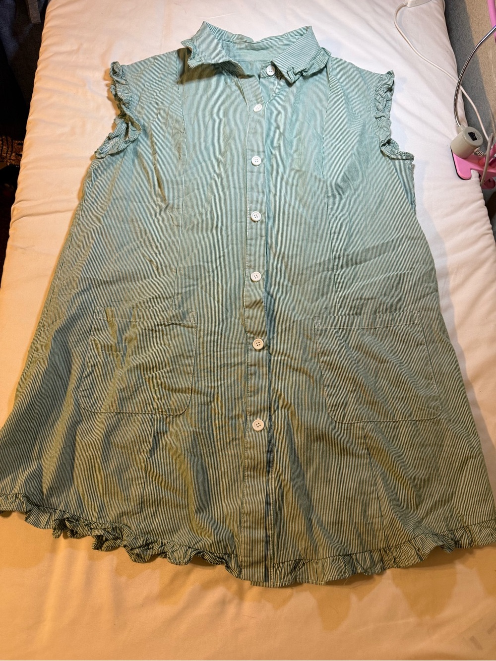 Sleeveless Mint Green Button-Front Midi Dress with Ruffle Trim